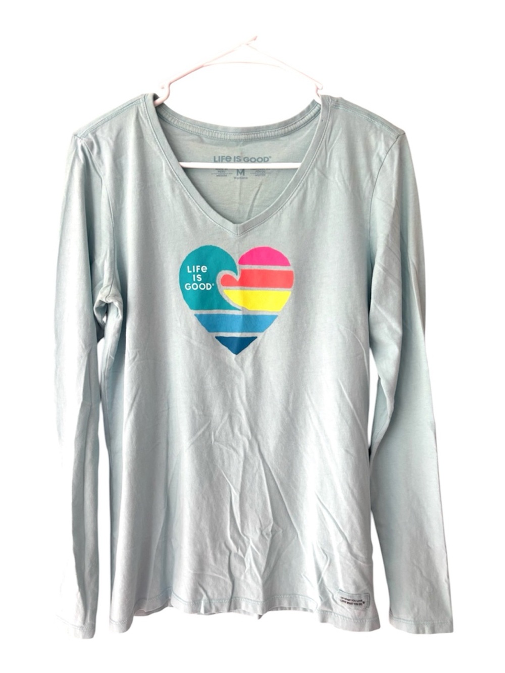 NWOT Life is Good Blue Clean Wave Heart Graphic Crusher Long Sleeve Tee SZ M